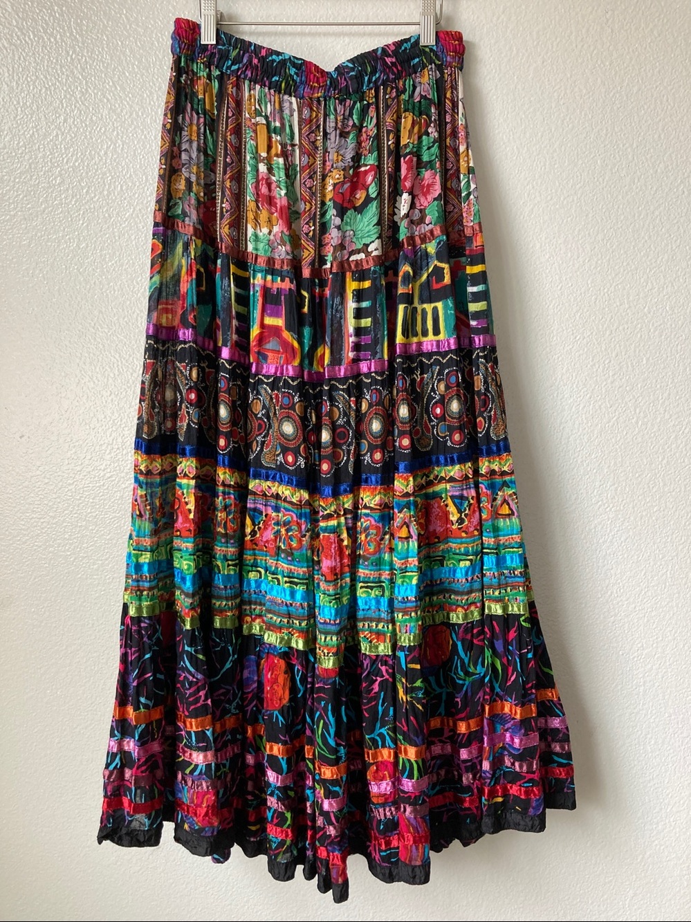 Vintage 90s Y2K Maxi Skirt Fish Floral Fruit Abstract Satin Ribbon trim sz M - Picture 7 of 10